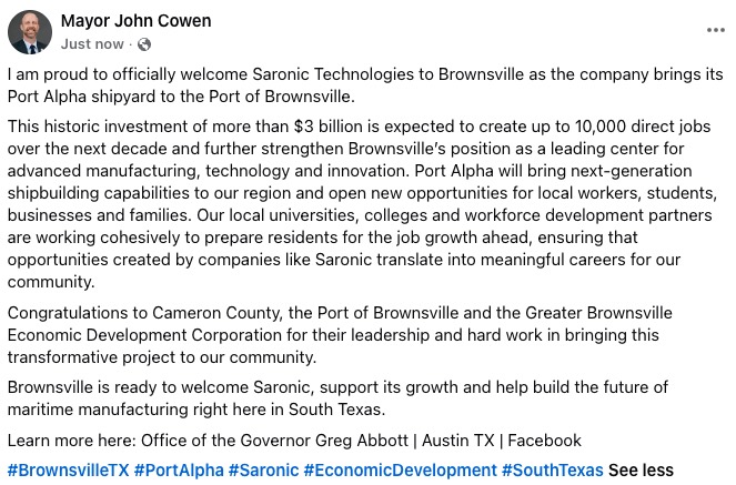 Mayor John Cowen statement welcoming Saronic Technologies and Port Alpha to Brownsville